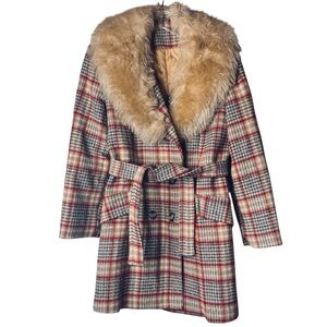 Vintage Penny Lane Plaid Wool Belted Double Breast Coat Faux Fur Collar M